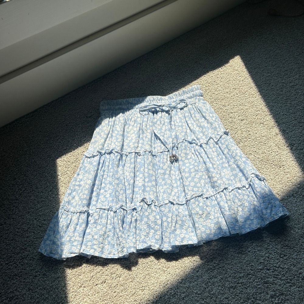 Princess Polly Blue Floral Tiered Ruffle Mini Skirt Elastic Waist Size US 0